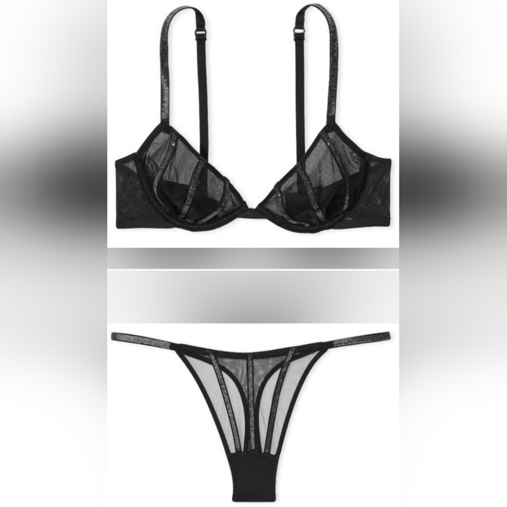 36DD/M Victoria's Secret Sheer Shine Bra Thong Panty Set Black